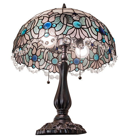 Meyda Lighting Angelica 21" 2-Light Mahogany Bronze Table Lamp With Blue Iridescent & Clear Stained Shade Glass