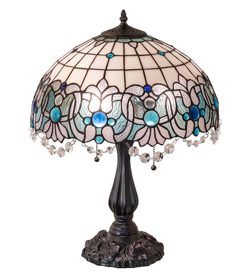 Meyda Lighting Angelica 21" 2-Light Mahogany Bronze Table Lamp With Blue Iridescent & Clear Stained Shade Glass