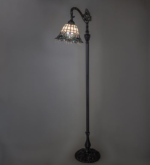 Meyda Lighting Angelica 61" Mahogany Bronze Bridge Arm Floor Lamp With Blue Iridescent & Clear Stained Shade Glass