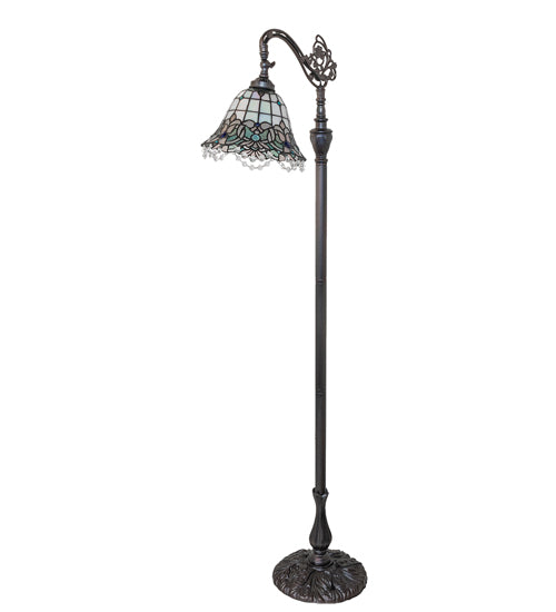 Meyda Lighting Angelica 61" Mahogany Bronze Bridge Arm Floor Lamp With Blue Iridescent & Clear Stained Shade Glass