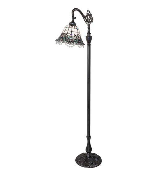 Meyda Lighting Angelica 61" Mahogany Bronze Bridge Arm Floor Lamp With Blue Iridescent & Clear Stained Shade Glass