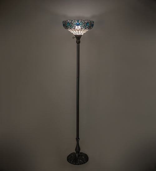 Meyda Lighting Angelica 67" Mahogany Bronze Torchiere Floor Lamp With Blue Iridescent & Clear Stained Shade Glass