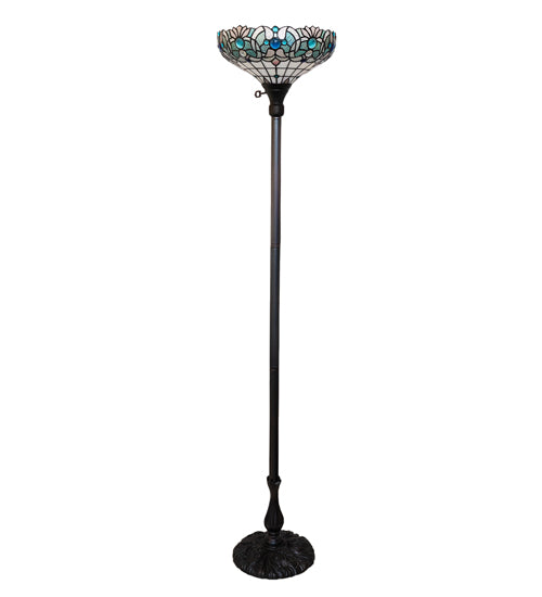 Meyda Lighting Angelica 67" Mahogany Bronze Torchiere Floor Lamp With Blue Iridescent & Clear Stained Shade Glass