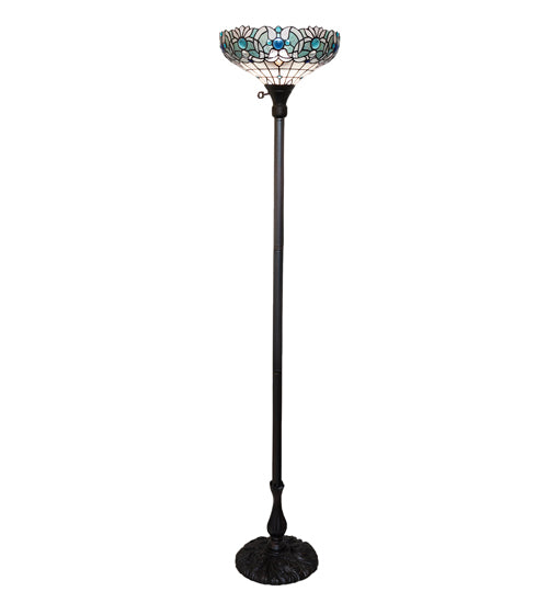 Meyda Lighting Angelica 67" Mahogany Bronze Torchiere Floor Lamp With Blue Iridescent & Clear Stained Shade Glass