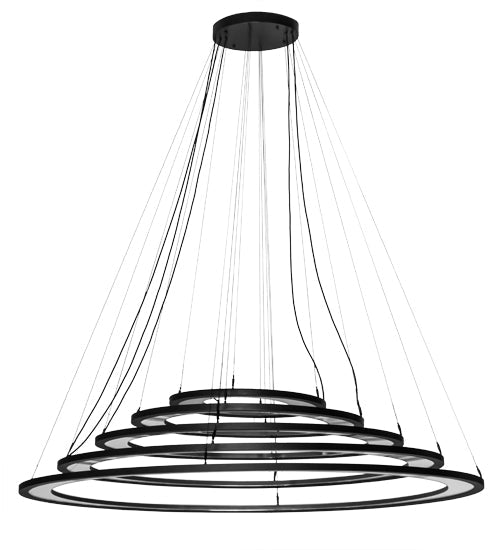 Meyda Lighting Anillo 72" 5-Ring LED Solar Black Ellipse Cascading Pendant Light With Crystal & Contrail Mist Idalight Shade Glass