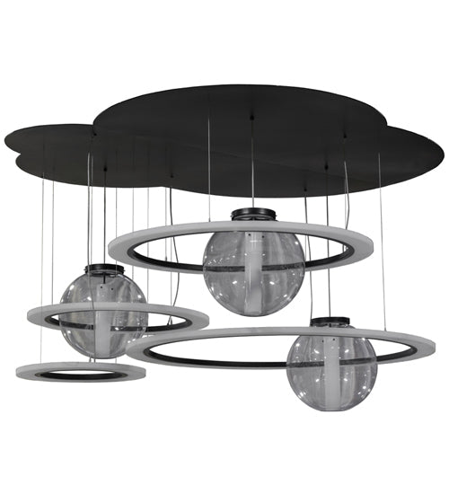 Meyda Lighting Anillo 84" 4-Light LED Solar Black Bola Cascading Pendant Light With Contrail Mist Idalight Shade
