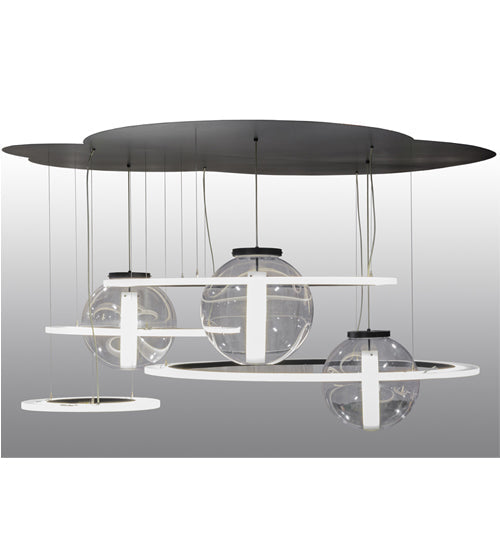 Meyda Lighting Anillo 84" 4-Light LED Solar Black Bola Cascading Pendant Light With Contrail Mist Idalight Shade