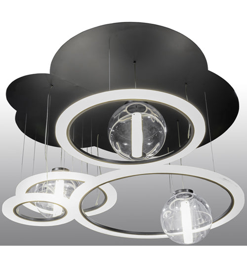 Meyda Lighting Anillo 84" 4-Light LED Solar Black Bola Cascading Pendant Light With Contrail Mist Idalight Shade