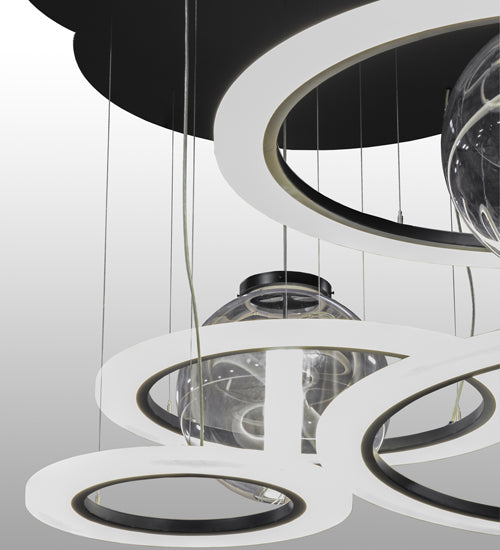 Meyda Lighting Anillo 84" 4-Light LED Solar Black Bola Cascading Pendant Light With Contrail Mist Idalight Shade