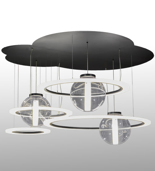 Meyda Lighting Anillo 84" 4-Light LED Solar Black Bola Cascading Pendant Light With Contrail Mist Idalight Shade