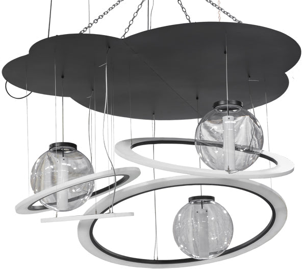 Meyda Lighting Anillo 84" 4-Light LED Solar Black Bola Cascading Pendant Light With Stauario Idalight and Crystal Idalight Shade