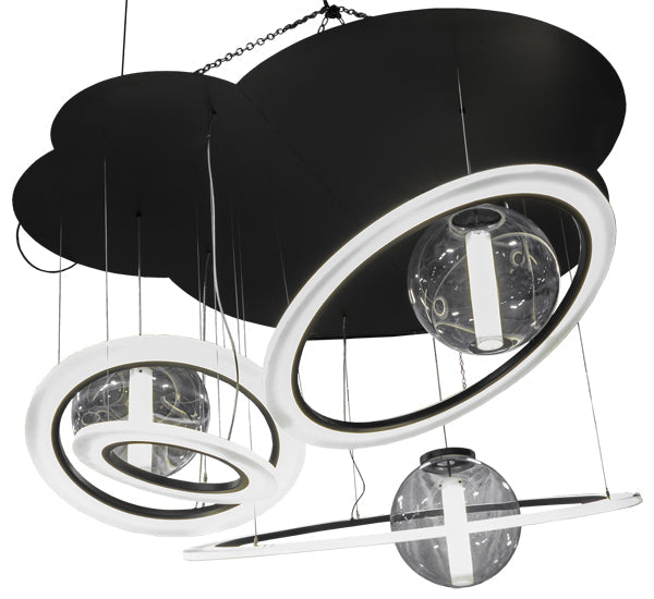 Meyda Lighting Anillo 84" 4-Light LED Solar Black Bola Cascading Pendant Light With Stauario Idalight and Crystal Idalight Shade