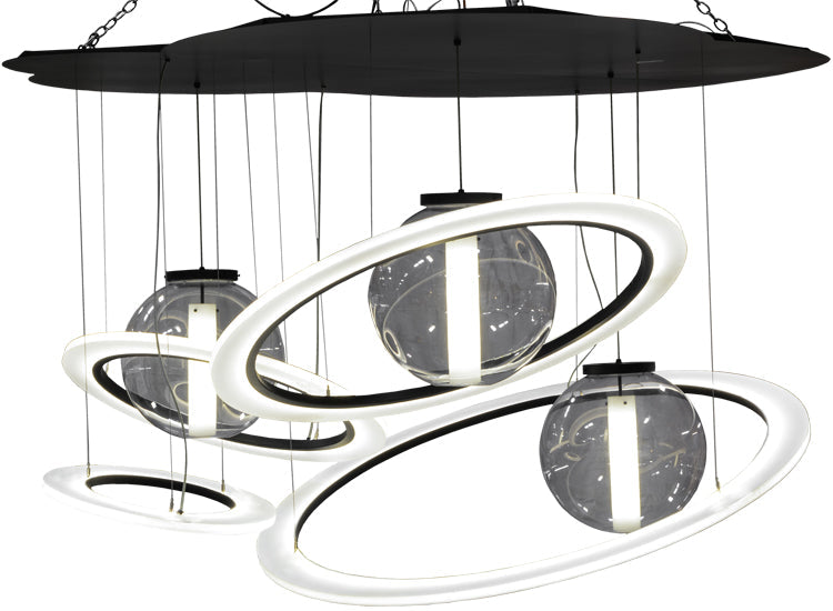 Meyda Lighting Anillo 84" 4-Light LED Solar Black Bola Cascading Pendant Light With Stauario Idalight and Crystal Idalight Shade