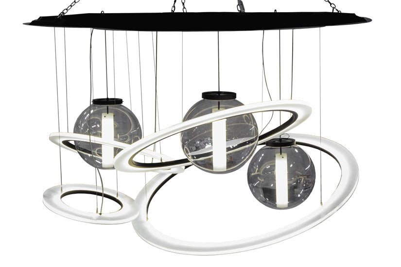 Meyda Lighting Anillo 84" 4-Light LED Solar Black Bola Cascading Pendant Light With Stauario Idalight and Crystal Idalight Shade