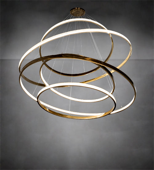 Meyda Lighting Anillo 84" 5-Ring LED Brass Tint Cascading Chandelier With Clear Frustum Idalight Shade