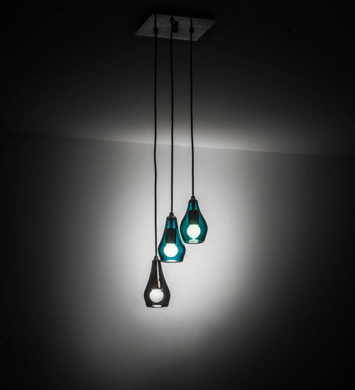 Meyda Lighting Anjou 14" 3-Light Brushed Champagne Cascading Pendant Light With Blue & Gray Shade Glass