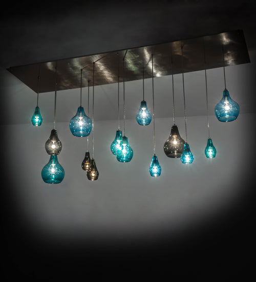 Meyda Lighting Anjou 84" 14-Light Brushed Champagne Cascading Pendant Light With Blue & Gray Shade Glass
