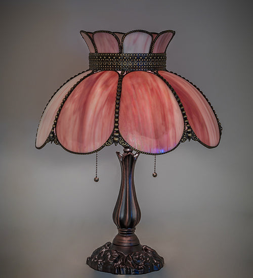 Meyda Lighting Annabelle 22" 2-Light Mahogany Bronze Table Lamp With Pink Iridescent Shade Glass