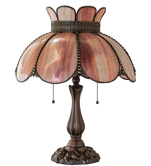 Meyda Lighting Annabelle 22" 2-Light Mahogany Bronze Table Lamp With Pink Iridescent Shade Glass