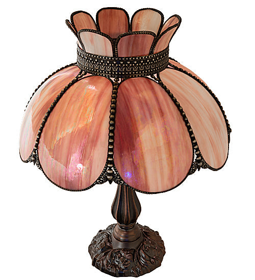 Meyda Lighting Annabelle 22" 2-Light Mahogany Bronze Table Lamp With Pink Iridescent Shade Glass