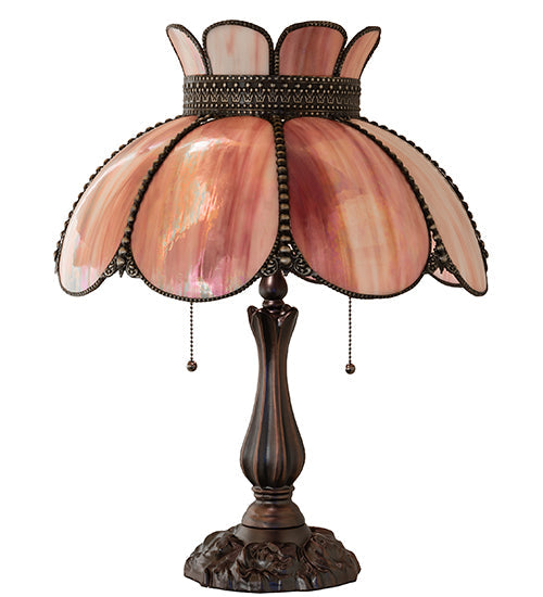 Meyda Lighting Annabelle 22" 2-Light Mahogany Bronze Table Lamp With Pink Iridescent Shade Glass