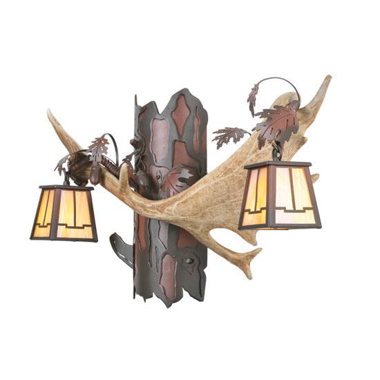 Meyda Lighting Antlers 24" 2-Light Rust Over Wrought Iron Fallow Deer Wall Sconce With Beige Iridescent Shade Glass