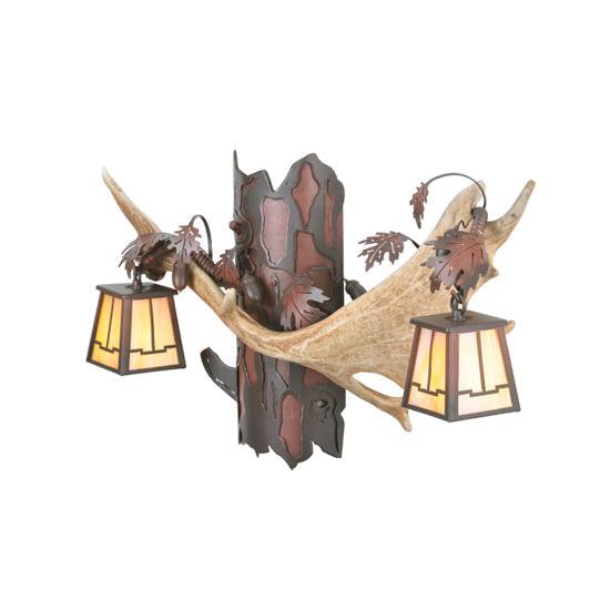 Meyda Lighting Antlers 24" 2-Light Rust Over Wrought Iron Fallow Deer Wall Sconce With Beige Iridescent Shade Glass