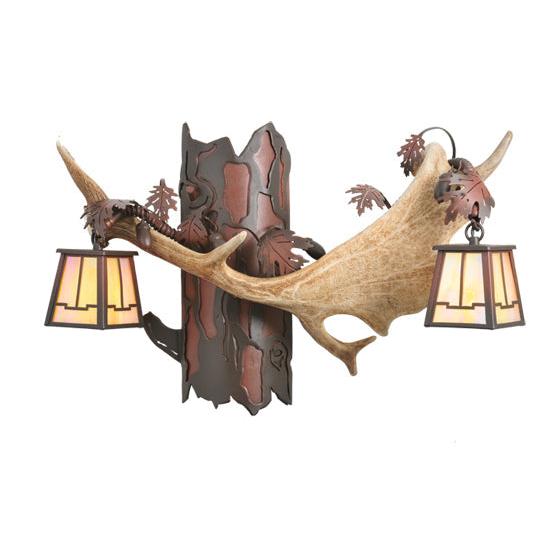 Meyda Lighting Antlers 24" 2-Light Rust Over Wrought Iron Fallow Deer Wall Sconce With Beige Iridescent Shade Glass