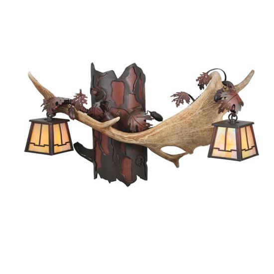 Meyda Lighting Antlers 24" 2-Light Rust Over Wrought Iron Fallow Deer Wall Sconce With Beige Iridescent Shade Glass