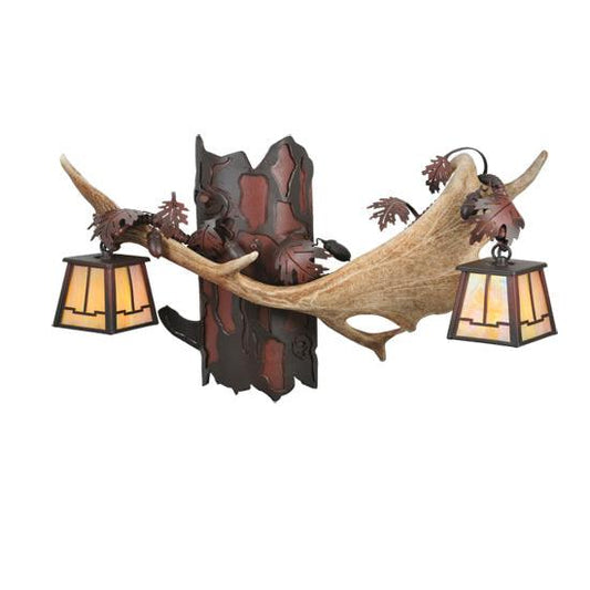 Meyda Lighting Antlers 24" 2-Light Rust Over Wrought Iron Fallow Deer Wall Sconce With Beige Iridescent Shade Glass