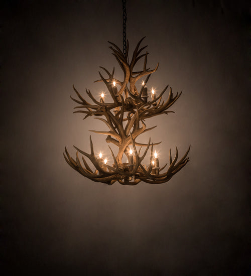 Meyda Lighting Antlers 36" 12-Light 2-Tier Antique Copper Mule Deer Chandelier