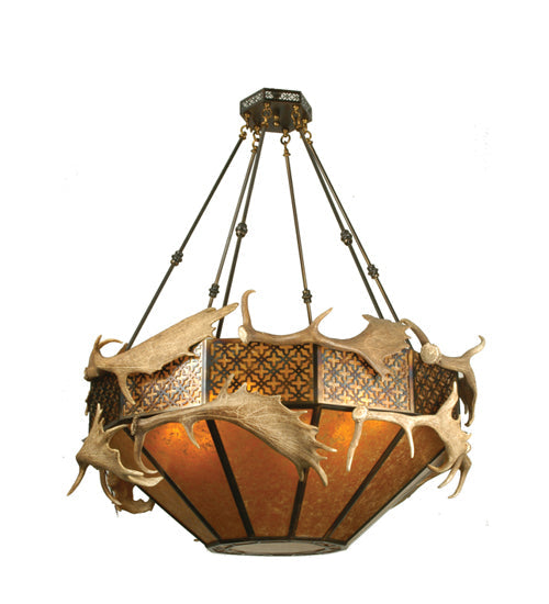 Meyda Lighting Antlers 50" 8-Light Antique Copper Fallow Deer Chandelier With Amber Mica Shade Glass