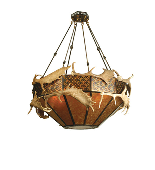Meyda Lighting Antlers 52" 8-Light Antique Copper Fallow Deer Inverted Pendant Light With Amber Mica Shade Glass