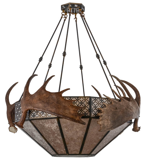 Meyda Lighting Antlers 54" 8-Light Dark Burnished Antique Copper Moose Inverted Pendant Light With Silver Mica Shade Glass
