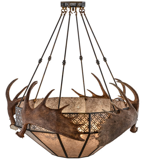 Meyda Lighting Antlers 54" 8-Light Dark Burnished Antique Copper Moose Inverted Pendant Light With Silver Mica Shade Glass