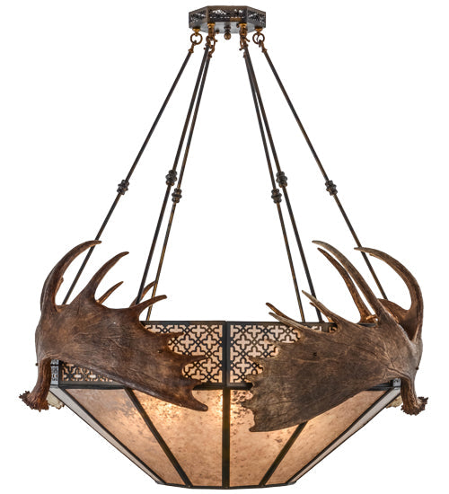 Meyda Lighting Antlers 54" 8-Light Dark Burnished Antique Copper Moose Inverted Pendant Light With Silver Mica Shade Glass