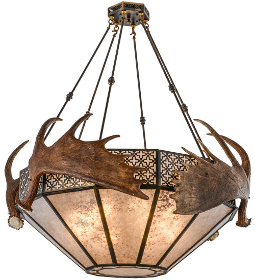 Meyda Lighting Antlers 54" 8-Light Dark Burnished Antique Copper Moose Inverted Pendant Light With Silver Mica Shade Glass