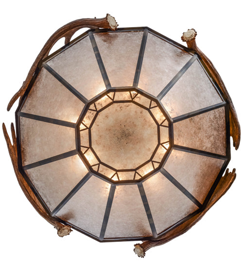 Meyda Lighting Antlers 54" 8-Light Dark Burnished Antique Copper Moose Inverted Pendant Light With Silver Mica Shade Glass