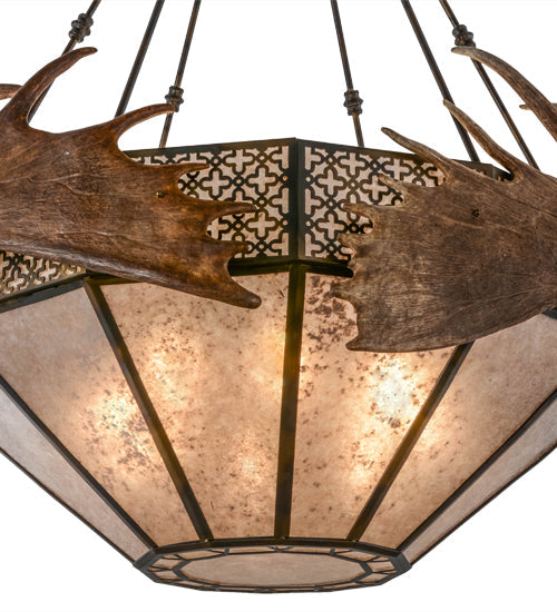 Meyda Lighting Antlers 54" 8-Light Dark Burnished Antique Copper Moose Inverted Pendant Light With Silver Mica Shade Glass
