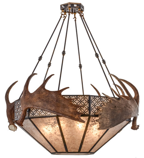 Meyda Lighting Antlers 54" 8-Light Dark Burnished Antique Copper Moose Inverted Pendant Light With Silver Mica Shade Glass