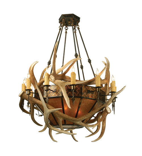 Meyda Lighting Antlers 56" 18-Light Antique Copper Chandelier With Amber Mica Shade Glass