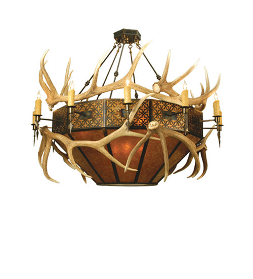 Meyda Lighting Antlers 68" 22-Light Antique Copper Elk Inverted Pendant Light With Amber Mica Shade Glass