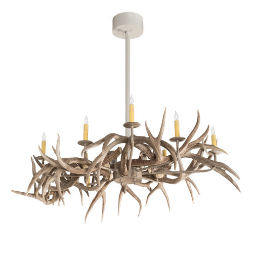 Meyda Lighting Antlers 84" 8-Light Beige Satin Elk Chandelier With Ivory Faux Candlelight
