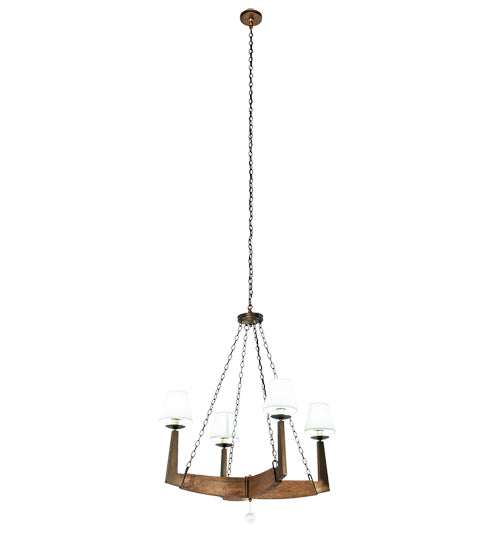 Meyda Lighting Arendal 42" 4-Light Antique Copper & Natural Wood Chandelier With White Textrene Shade