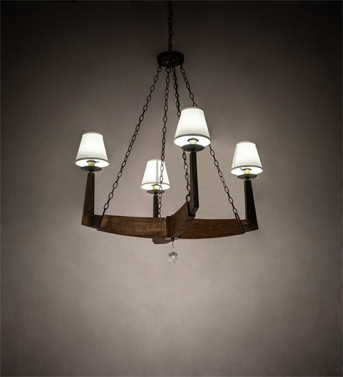 Meyda Lighting Arendal 42" 4-Light Antique Copper & Natural Wood Chandelier With White Textrene Shade