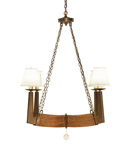 Meyda Lighting Arendal 42" 4-Light Antique Copper & Natural Wood Chandelier With White Textrene Shade