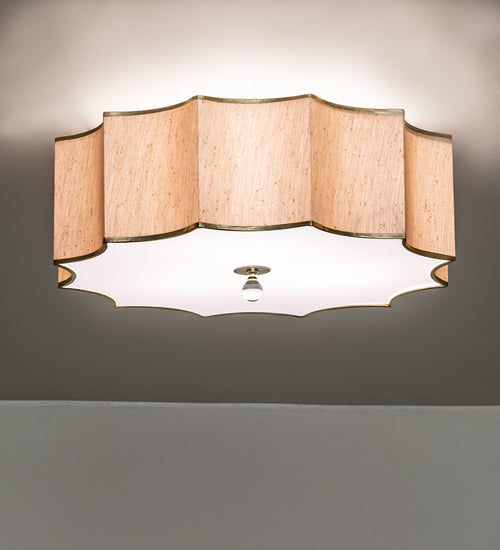 Meyda Lighting Arevik 22" 3-Light Antique Brass Flush Mount Light With Satin Cream Textrene & White Statuario Idalight Shade