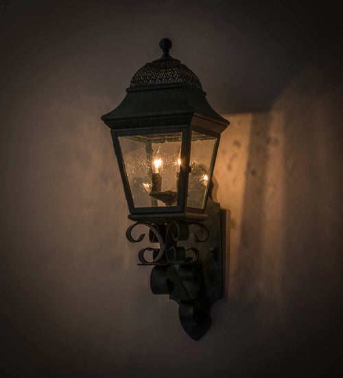 Meyda Lighting Arnette 9" 2-Light Golden Verdigris Lantern Wall Sconce With Clear Seeded Shade Glass