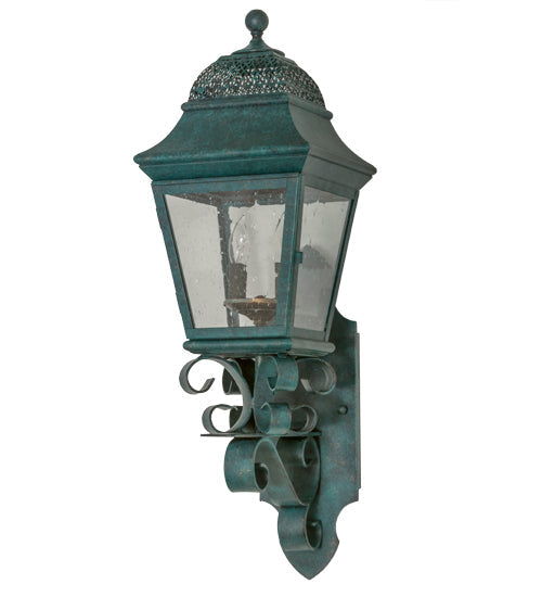 Meyda Lighting Arnette 9" 2-Light Golden Verdigris Lantern Wall Sconce With Clear Seeded Shade Glass