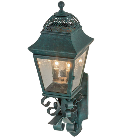 Meyda Lighting Arnette 9" 2-Light Golden Verdigris Lantern Wall Sconce With Clear Seeded Shade Glass